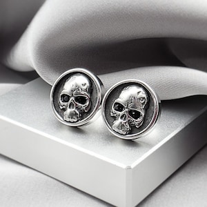 Bold Round Button Skull Stud Earrings Black CZ Eyes Gothic Punk Grunge Dark Tattoo Style Jewelry Surgical Steel Edgy Studs for Men Gift