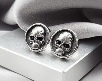 Bold Round Button Skull Stud Earrings Black CZ Eyes Gothic Punk Grunge Dark Tattoo Style Jewelry Surgical Steel Edgy Studs for Men Gift