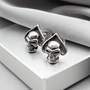 Ace of Spade Skull Stud Earrings Lucky Skull Good Luck Charm Gothic Punk Grunge Edgy Surgical Steel Studs Cool Skeleton Jewelry Gift for Men