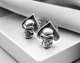 Ace of Spade Skull Stud Earrings Lucky Skull Good Luck Charm Gothic Punk Grunge Edgy Surgical Steel Studs Cool Skeleton Jewelry Gift for Men