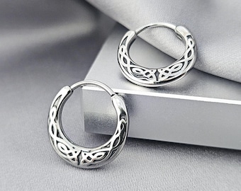 Flat Sides Celtic Surgical Steel Huggie Hoops Earrings Celtic Jewelry Gift Men Cool Irish Earrings Gift Him Edgy Viking Unique Earrings Gift