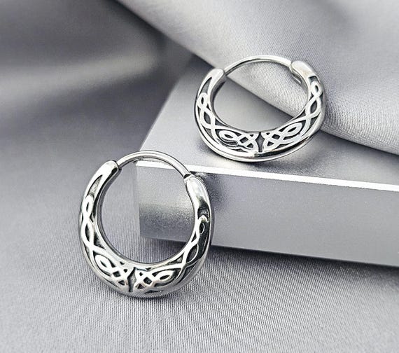 Flat Sides Celtic Surgical Steel Huggie Hoops Earrings Celtic Jewelry Gift Men Cool Irish Earrings Gift Him Edgy Viking Unique Earrings Gift