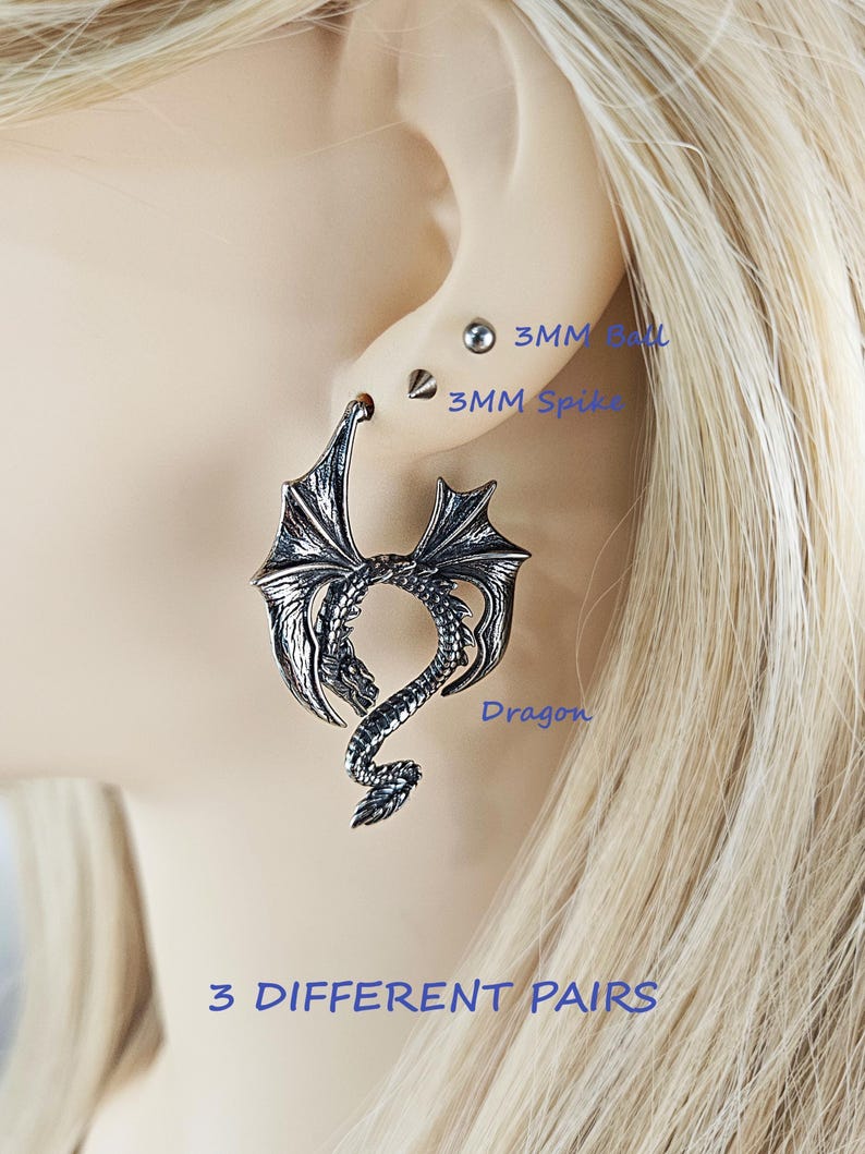 Dragon Wings Dangle Drop Hoop Earrings Surgical Steel Dragon Fantasy Witchy Earrings Gift Gothic Gargoyle Unique Jewelry Viking Norse Gift GOTH.BUNDLE/3PAIRS