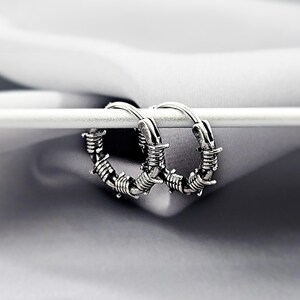 Barbed Wire Small Steel Hoop Earrings, Cool Edgy Emo Gothic Hoop Earrings for Men, Surgical Steel Boho Grunge Punk Jewelry Gift for Him image 3