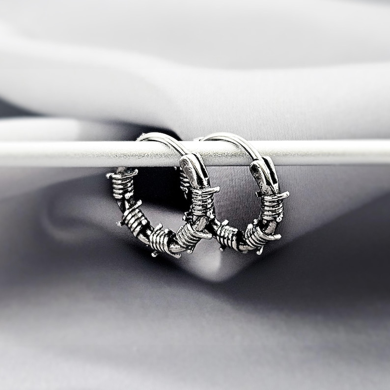 Barbed Wire Small Steel Hoop Earrings, Cool Edgy Emo Gothic Hoop Earrings for Men, Surgical Steel Boho Grunge Punk Jewelry Gift for Him image 3