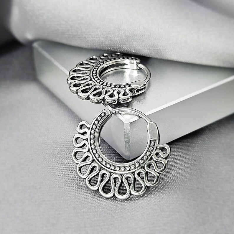 Sand Dollar Boho Hoop Earrings Surgical Steel Bohemian Earrings Unique Tribal Jewelry Gift for Her Seashell Stainless Steel Hoop Earrings Mandala / Pair