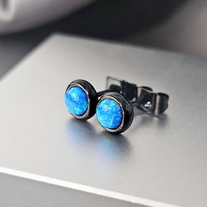 6MM Small Blue Opal Black Steel Stud Earrings Surgical Steel Lab-Created Opal Studs Geometric Minimalist October Birthstone Jewelry Gift