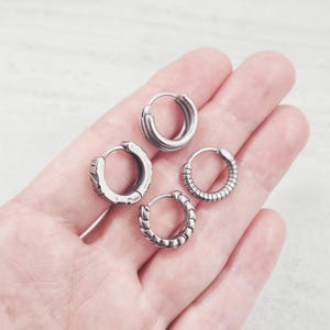 Wide Wood Texture Small Huggie Hoops Earrings,316L Surgical Steel Men's Clicker-Hinged Hoop Earrings, Cool Rustic Style Jewelry Gift for Men image 3