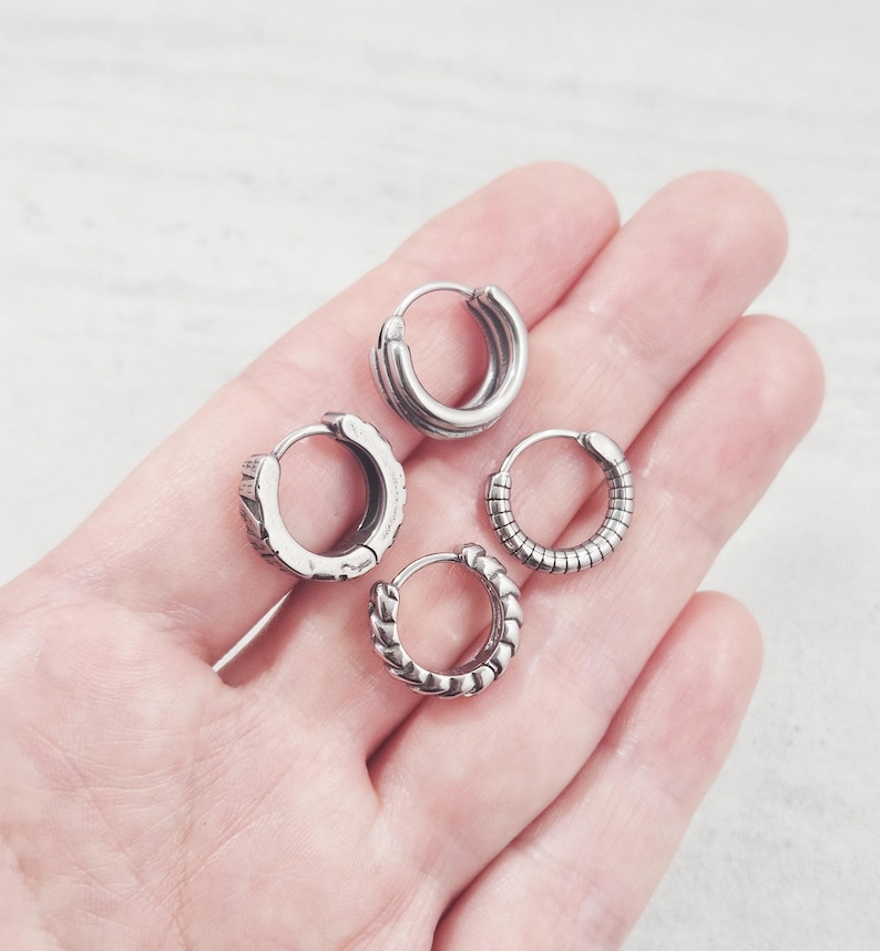 Wide Wood Texture Small Huggie Hoops Earrings,316L Surgical Steel Men's Clicker-Hinged Hoop Earrings, Cool Rustic Style Jewelry Gift for Men image 3