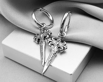 Antique Sword Charm Hoop Earrings Surgical Steel Small Silver Hoop Dagger Victorian Vintage Renaissance Fair Whimsigoth Gift