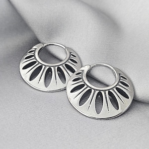 Sand Dollar Boho Hoop Earrings Surgical Steel Bohemian Earrings Unique Tribal Jewelry Gift for Her Seashell Stainless Steel Hoop Earrings Sand Dollar / Pair