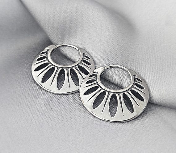 Sand Dollar Boho Hoop Earrings Surgical Steel Bohemian Earrings Unique Tribal Jewelry Gift for Her Seashell Stainless Steel Hoop Earrings