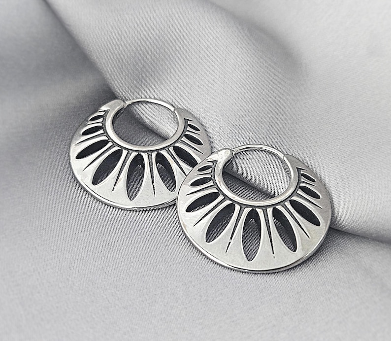 Sand Dollar Boho Hoop Earrings Surgical Steel Bohemian Earrings Unique Tribal Jewelry Gift for Her Seashell Stainless Steel Hoop Earrings Sand Dollar / Pair