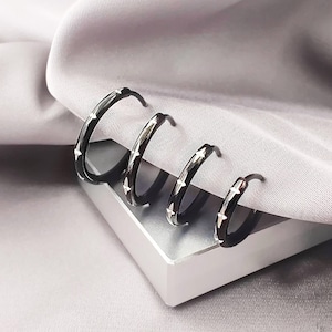 Two-Tone Black & Silver Stars Hoop Earrings, Black Minimalist 316L Surgical Steel Hoops, Celestial Emo Punk Grunge Black Earrings for Men