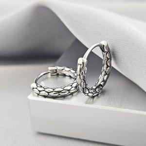 Snake Print Small Huggie Hoop Earrings, Snake Skin Texture Surgical Steel Hoop Earrings for Men, Cool Simple Emo Grunge Punk Jewelry Gift,