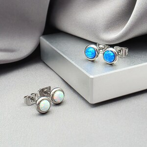 May include: Two pairs of round stud earrings with metallic silver settings. One pair features vibrant blue cabochon stones, while the other pair features iridescent white cabochon stones. Each earring has a standard post back closure.