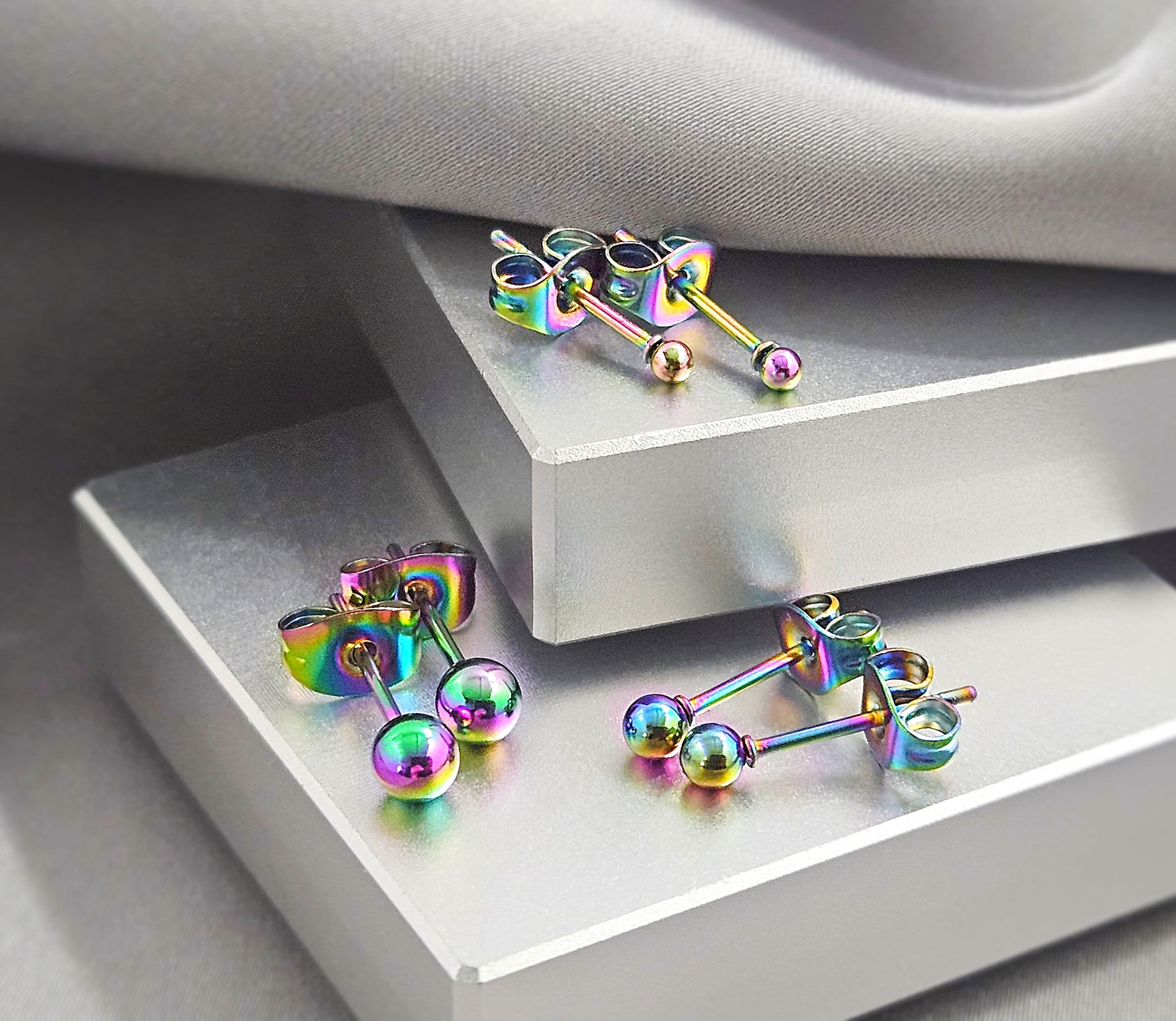 Simple Tiny Ball Rainbow Stud Earrings, Iridescent Surgical Steel Geometric Studs, Minimalist Dainty Stud Earrings Jewelry Gift