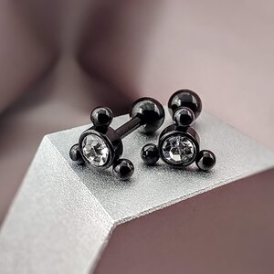 16G PAIR CZ 3 Tiny Balls Black Cartilage Earrings, Externally Threaded Balls Helix Studs, Cubic Zirconia Surgical Steel Tragus Studs,