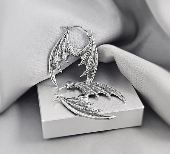 Dragon Wings Dangle Drop Hoop Earrings Surgical Steel Dragon Fantasy Witchy Earrings Gift Gothic Gargoyle Unique Jewelry Viking Norse Gift