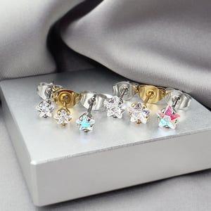 Tiny Star CZ Stud Earrings Celestial Aurora Gold Clear Crystal Surgical Steel Studs Minimalist Sparkly Y2K Multi Piercing Cartilage Jewelry