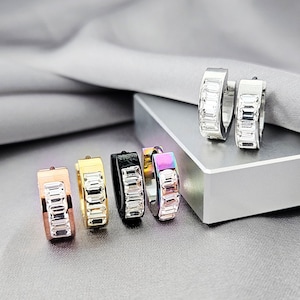 Rectangular Baguette CZs Huggies Hoop Earrings, Emerald Cut Crystals Rose-Gold Yellow-Gold Rainbow Black Silver Hoops,Surgical Steel Jewelry
