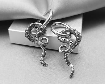 Octopus Tentacle Charm Hoop Earrings Gothic Kraken Surgical Steel Dangle Hoops Creepy Punk Grunge Street Style Unique Statement Jewelry Gift