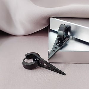 Long Triangle with Circles Charm Black Huggie Earrings, Convertible 2 in 1 Surgical Steel Huggies Earrings, Steampunk Hoop Earrings for Men
