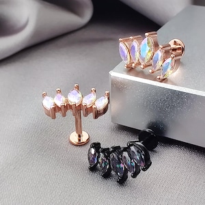 16G CZ PAIR Iridescent Crown Cartilage Earrings, Large Crown Surgical Steel Helix Stud Earrings, Internally Threaded Tragus Earrings,