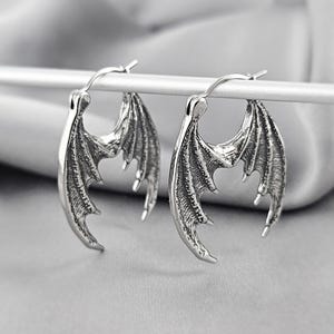 Dragon Wings Dangle Drop Hoop Earrings Surgical Steel Dragon Fantasy Witchy Earrings Gift Gothic Gargoyle Unique Jewelry Viking Norse Gift image 3