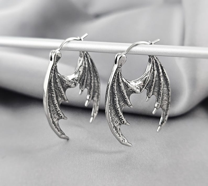 Dragon Wings Dangle Drop Hoop Earrings Surgical Steel Dragon Fantasy Witchy Earrings Gift Gothic Gargoyle Unique Jewelry Viking Norse Gift image 3