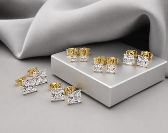 Square CZ Gold Stud Earrings Cubic Zirconia Princess Cut Earrings Minimalist Geometric Simple Sparkly Cartilage Stud Earrings Gift