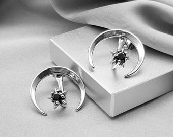 Crescent Moon Star Ear Jacket Earrings Surgical Steel Celestial Stud Dangle Black CZ Statement Earrings Y2K Astrology Unique Jewelry Gift