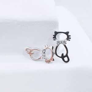 Cat Crystal Collar Silver Stud Earrings, Bow Tie Cat CZ 925 Sterling Silver Earrings, Cubic Zirconia Kitty Post Stud Earrings Gift,