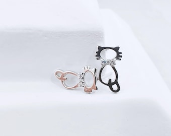 Cat Crystal Collar Silver Stud Earrings, Bow Tie Cat CZ 925 Sterling Silver Earrings, Cubic Zirconia Kitty Post Stud Earrings Gift,