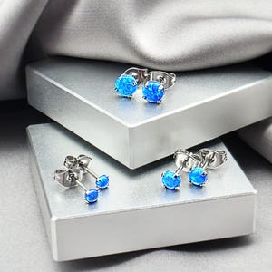 Minimalist Blue Opal Stud Earrings, Surgical Steel Lab Opal Studs, Classic Prongs Simple Opal Earring Studs, October Birthstone Jewelry Gift