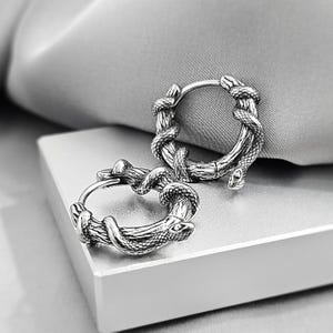Snake Wrapped in Branch Steel Small Hoops Earrings, Gothic Serpent Animal Jewelry Gift, Surgical Steel Emo Grunge Clicker Hoops Jewelry Gift