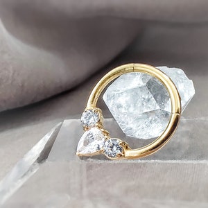 16G CZ Round & Teardrop Gold Hoop Cartilage Earrings, Surgical Steel Daith Hoop Earring, Gold Hinged Segment Hoop Ring,