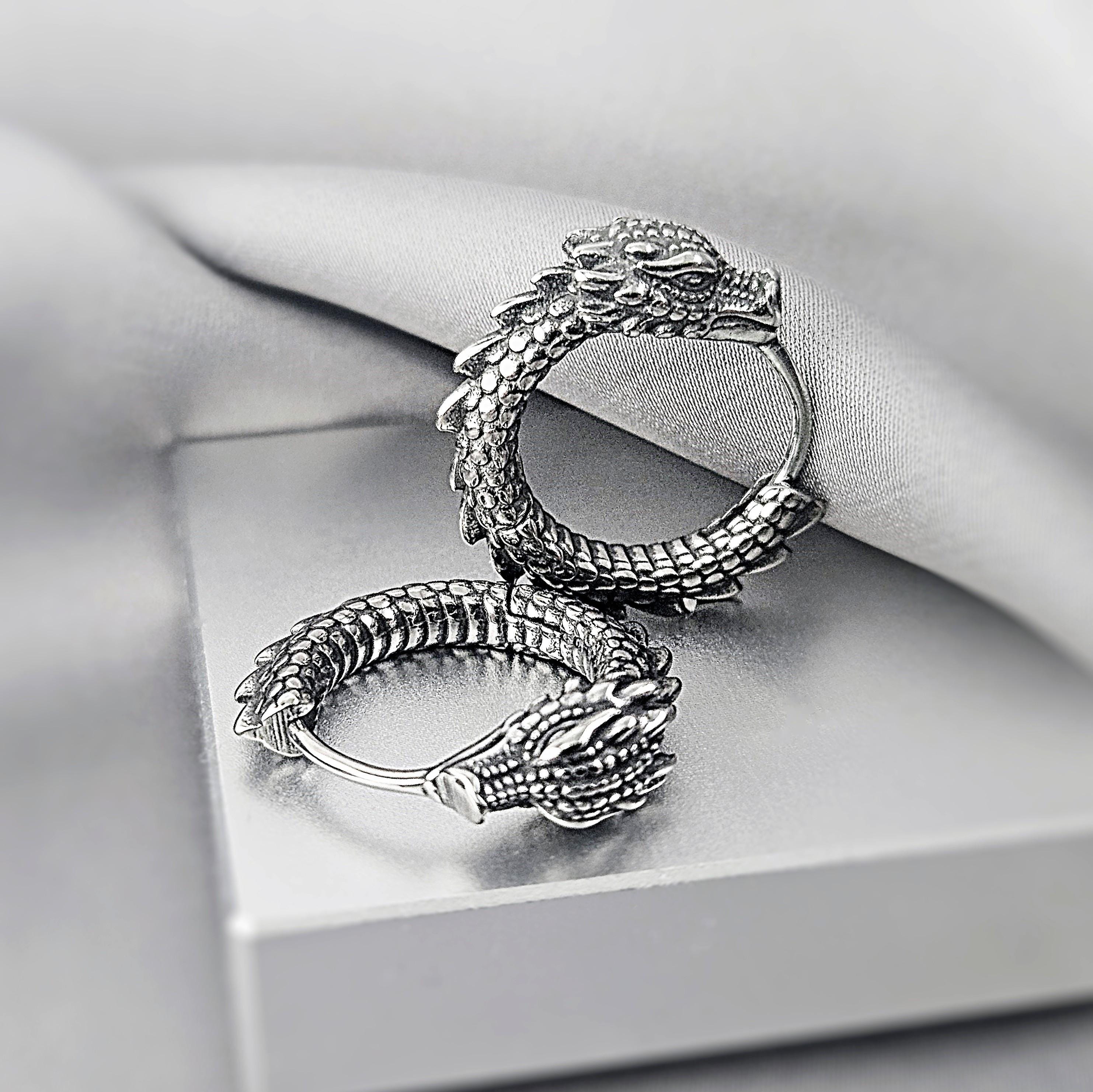Cool Dragon Hoop Earrings for Men, Surgical Steel Antique Dragon Jewelry Gift Him, Edgy Gothic Dragon Earrings, Unique Dragon Earrings Gift