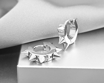 Tiny Spike Pair Silver Hoop Huggies Steel Earrings, Punk Surgical Steel Huggies Earrings, Small Hoop Earrings, Helix Earrings Cartilage Hoop