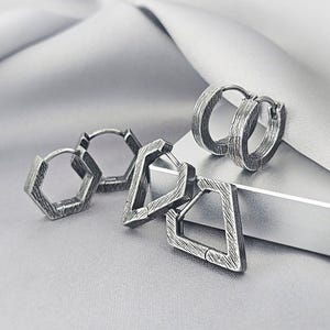 Geometric Brushed Gunmetal Small Hoop Earrings Men Cool Surgical Steel Hexagon Hoops Edgy Triangle Hoop Him Grunge Punk Earring Jewelry Gift