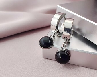 Black Onyx Dangle Huggies Earrings, Surgical Steel Huggies, Round Onyx Stone Hoop Huggies Earrings, Valentine's Gift for Her