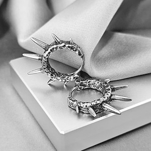 Gothic Spikes Small Hoop Earrings, Surgical Steel Hammered Textured Hoop Earrings for Men, Rustic Edgy Punk Grunge Viking Jewelry Gift Men