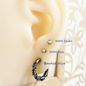 Barbed Wire Small Steel Hoop Earrings, Cool Edgy Emo Gothic Hoop Earrings for Men, Surgical Steel Boho Grunge Punk Jewelry Gift for Him Bundle / 3 PAIRS