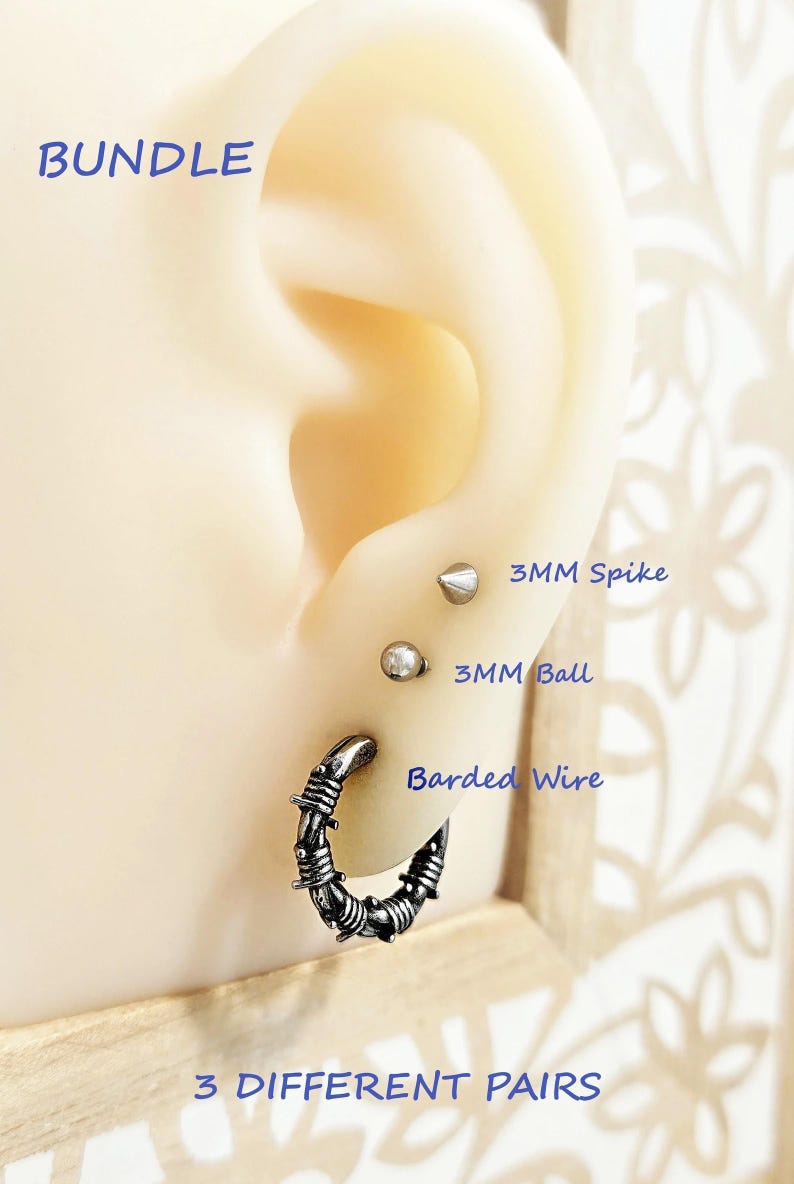 Barbed Wire Small Steel Hoop Earrings, Cool Edgy Emo Gothic Hoop Earrings for Men, Surgical Steel Boho Grunge Punk Jewelry Gift for Him Bundle / 3 PAIRS