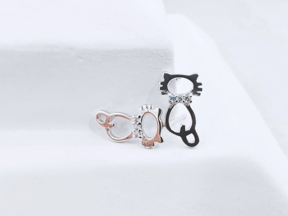 Kitty Cat with Bow Tie Stud Earrings Rhodium ad Rose Gold-plated Silver with Cubic Zirconia Kitty Cat with Bow Tie Stud Earrings Rhodium ad Rose Gold-plated Silver with Cubic Zirconia