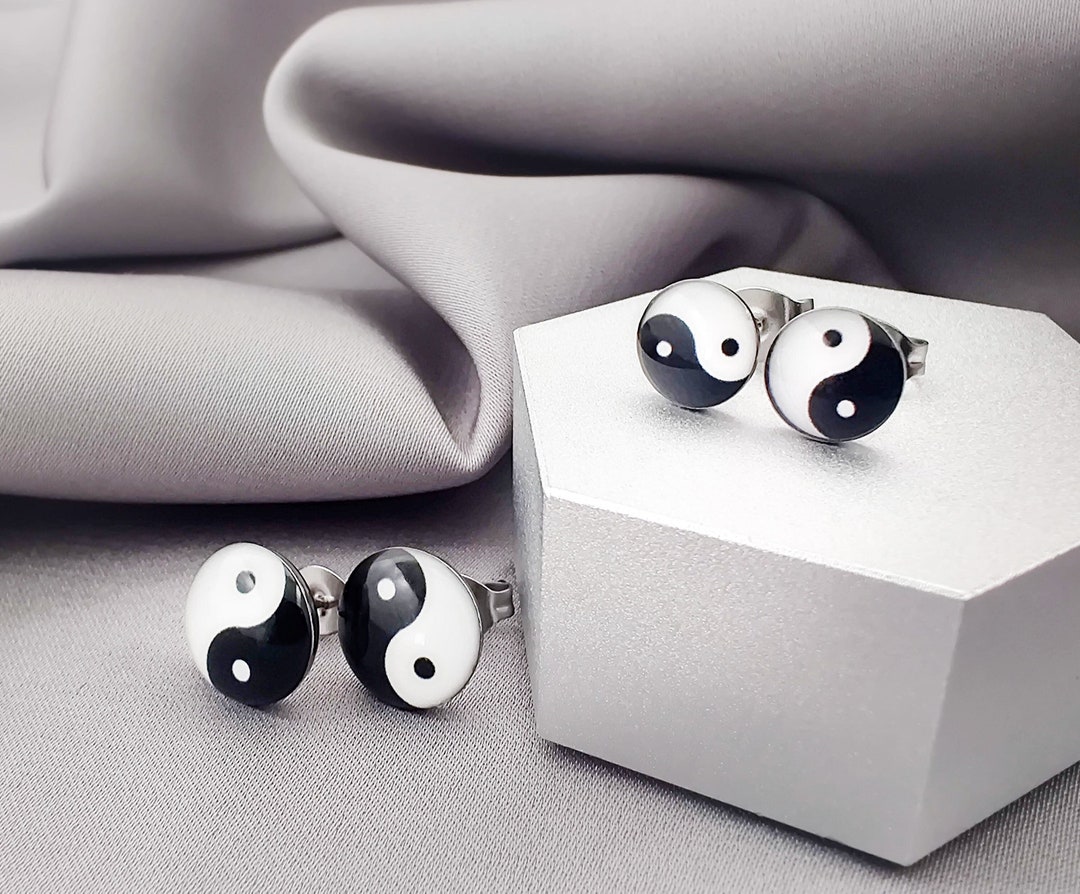 Black & White Yin Yang Stud Earrings, Resin 316L Surgical Steel Post