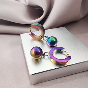 Rainbow Ball Drop Huggie Hoop Earrings, Surgical Steel Huggies, Ball Dangle Hoop Huggies Earrings, Unisex Hoop Earrings, Y2K Jewelry Gift