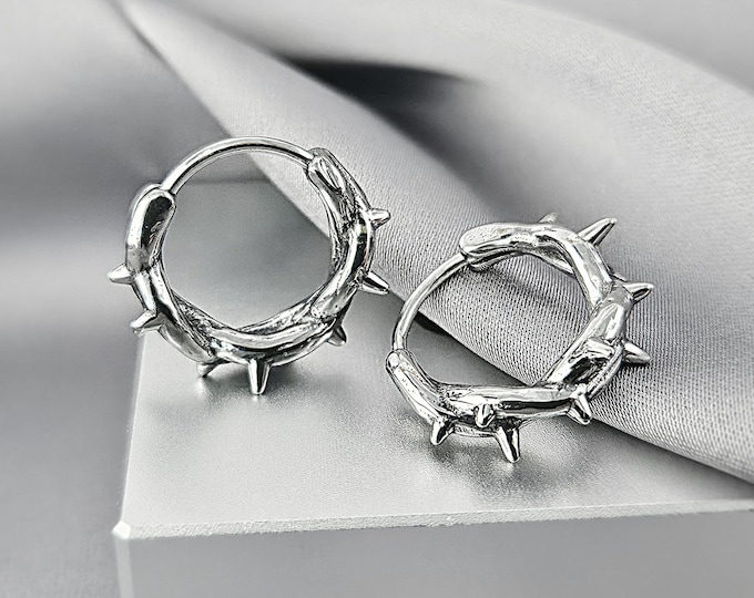 Thorn Spike Small Hoop Earrings, Cool Gothic Hoop Earrings for Men, Surgical Steel Boho Jewelry Gift for Him, Thorny Witchy Jewelry Gift