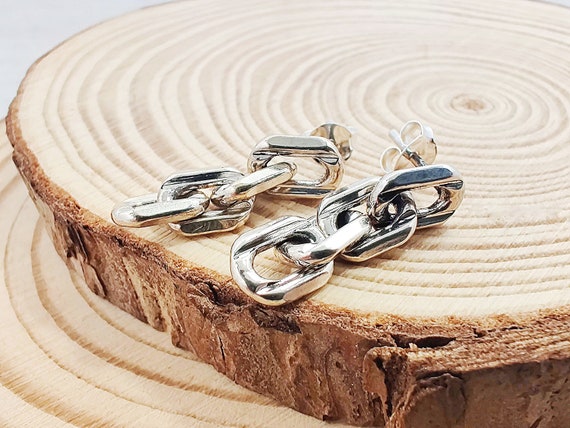 Chunky Cable Links Silver Post Dangle Earrings Cool 925 Sterling