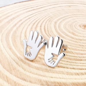 Mother & Child Hands Silver Stud Earrings, New Mom 925 Sterling Silver Post Studs, Baby Shower Silver Jewelry Gift
